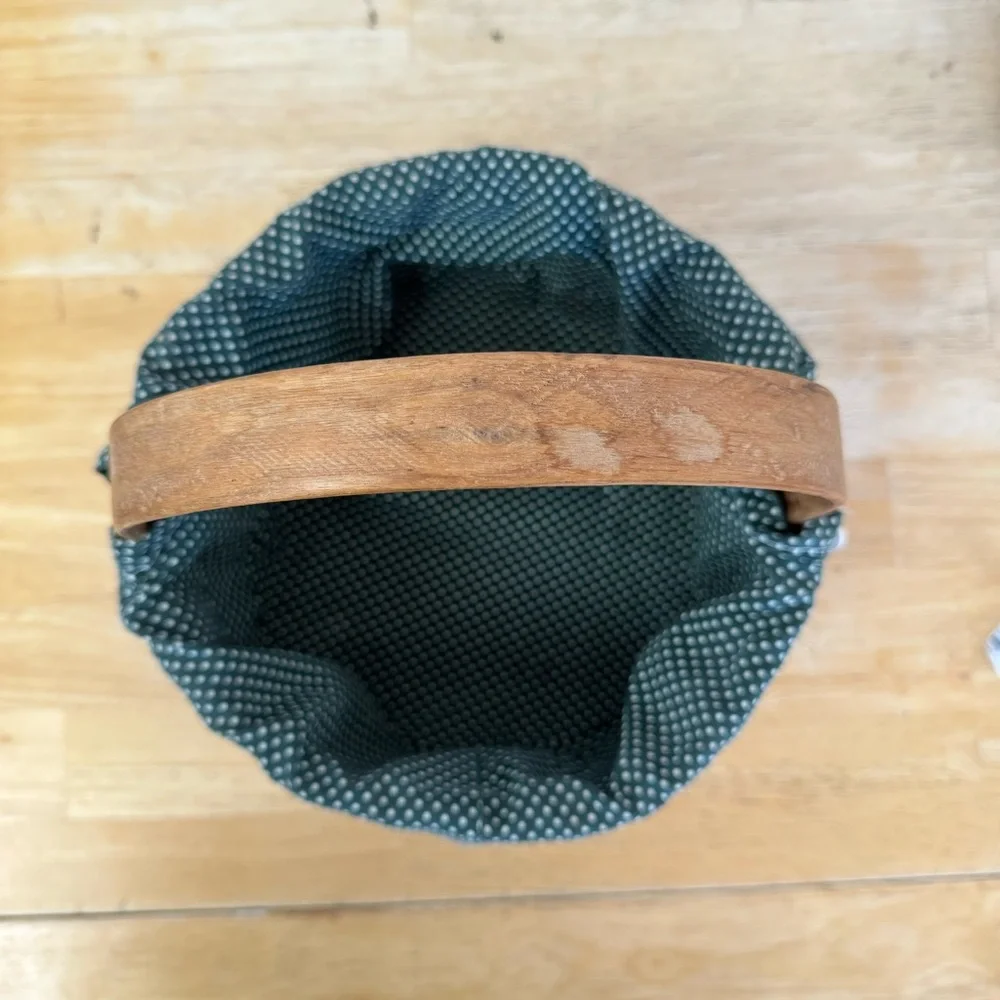 Vintage Wooden Basket Lined Woven Handle Circular Cottage Farmhouse Folk Art EUC
